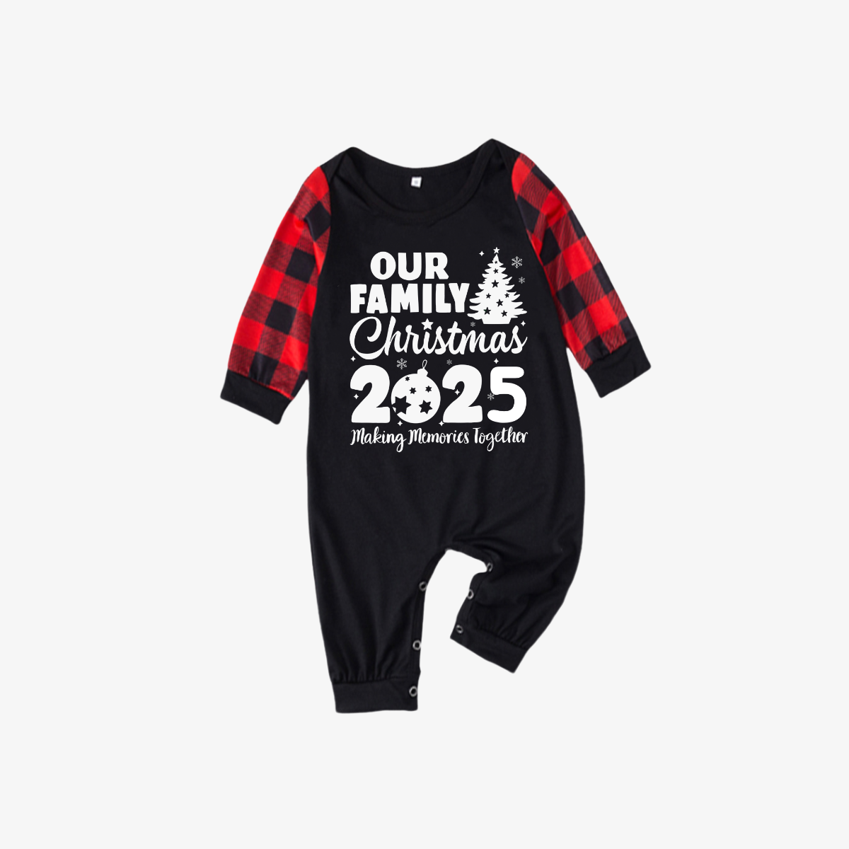 Chic und Stil | Christmas tree & "2025 Creating Memories Together" patterned contrast top and black-red checkered pants family matching pajama set