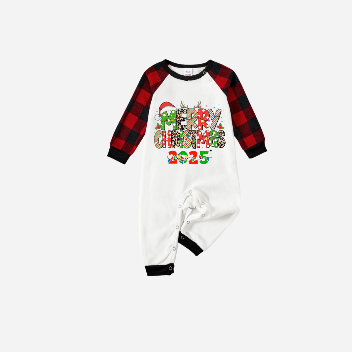 Chic und Stil | Merry Christmas 2025 Family Christmas Pajama Set - White Top with Red Checkered Sleeves and Red Checkered Pants