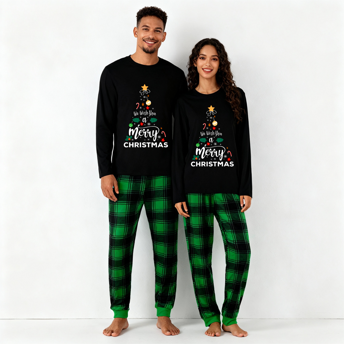 Chic und Stil | "We wish you a Merry Christmas" printed pattern black long-sleeve top with black and green checkered pants family matching pajamas