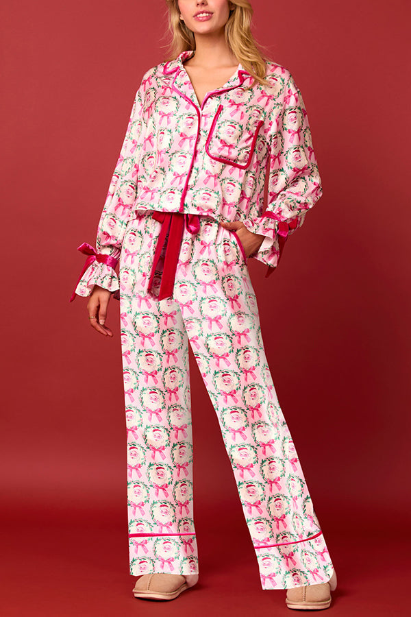 Chic und Stil | Christmas Printed Velvet Lacing Long Sleeve Bag Top and Elastic Waist Pants Set