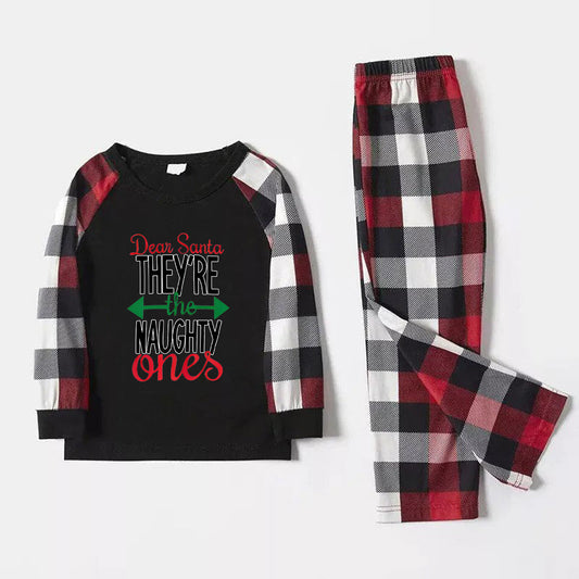 Chic und Stil | Dear Santa You are the naughty' Long sleeve printed sweatshirts Casual tops and Red & black & white plaid pants Family matching pajama set with dog bandana