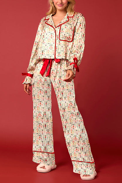 Chic und Stil | Christmas Printed Velvet Lacing Long Sleeve Bag Top and Elastic Waist Pants Set