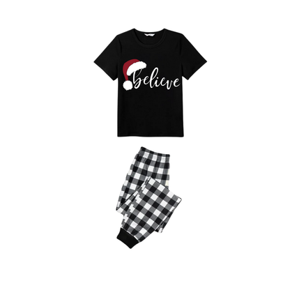 Chic und Stil | Faith Couple Christmas Pajama Set - Black Top Black and White Checkered Pants White Text Graphic