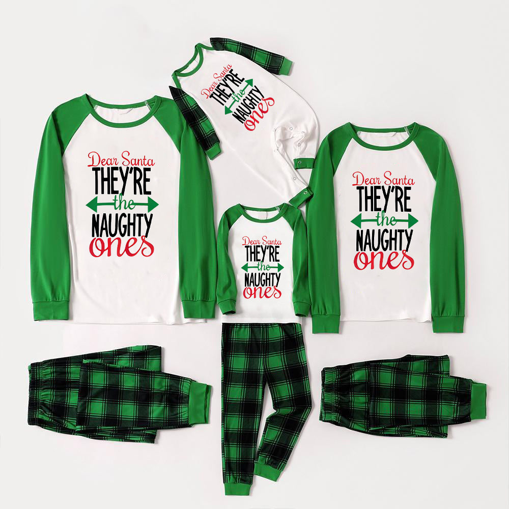 Chic und Stil | Dear Santa Claus You are the Disobedient's Letter Print Casual Long Sleeve Sweater Green Contrast Top and Black-Green Checkered Pants Matching Long Sleeve Raglan Family Pajama Sets with Dog Bandana