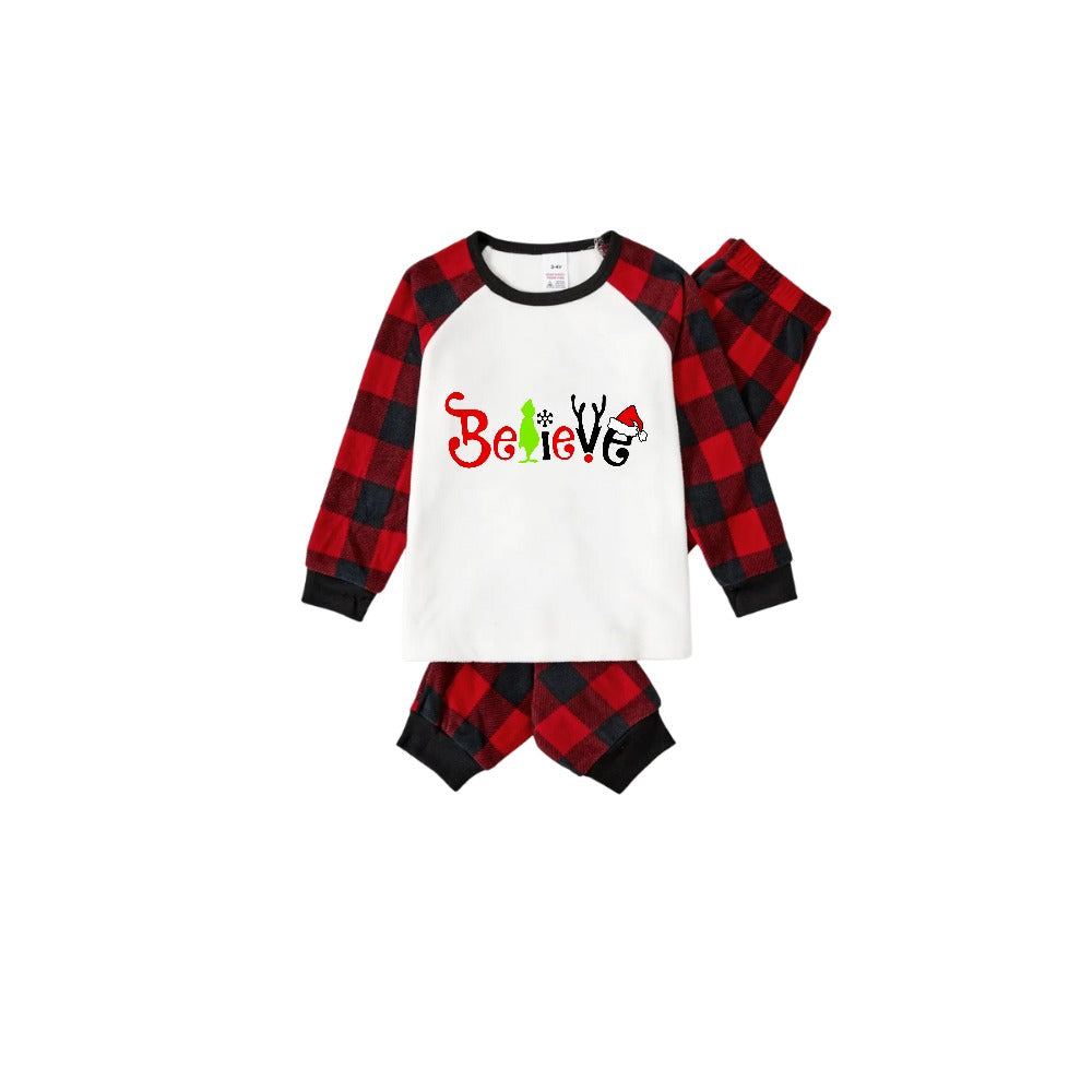 Chic und Stil | Christmas 2025 "Believe" Letters White Long Sleeve Top and Red-Black Checked Pants Family Matching Pajamas