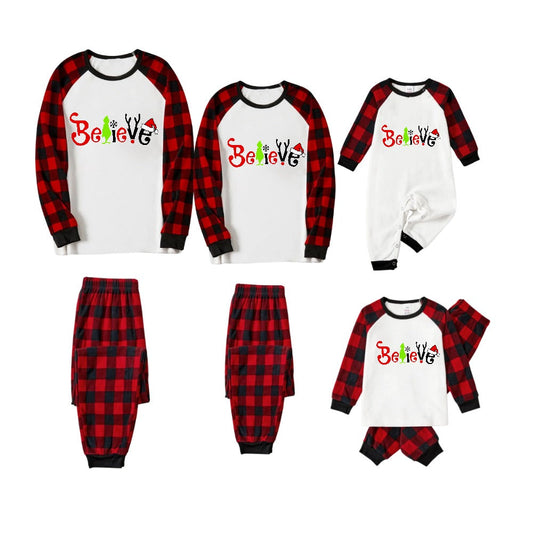 Chic und Stil | Christmas 2025 "Believe" Letters White Long Sleeve Top and Red-Black Checked Pants Family Matching Pajamas