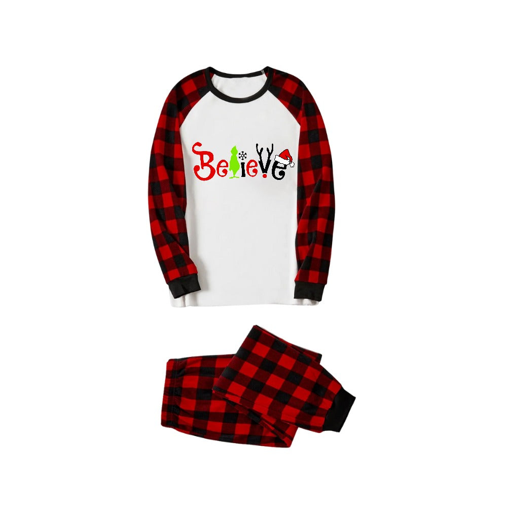Chic und Stil | Christmas 2025 "Believe" Letters White Long Sleeve Top and Red-Black Checked Pants Family Matching Pajamas