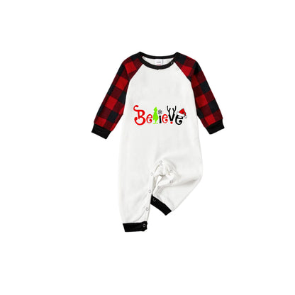 Chic und Stil | Christmas 2025 "Believe" Letters White Long Sleeve Top and Red-Black Checked Pants Family Matching Pajamas