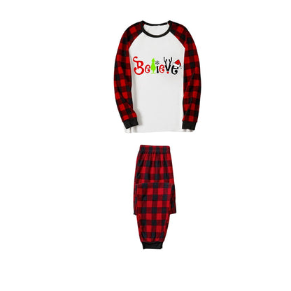 Chic und Stil | Christmas 2025 "Believe" Letters White Long Sleeve Top and Red-Black Checked Pants Family Matching Pajamas