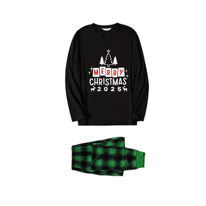 Chic und Stil | Christmas Family Pajama Matching - Black Top and Green Checkered Pants PJs Set with "Merry Christmas 2025" Print
