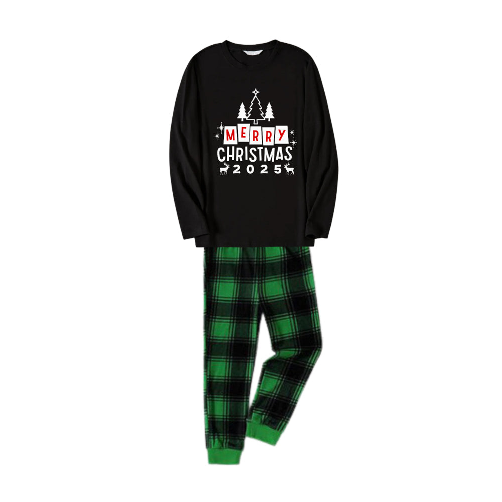 Chic und Stil | Christmas Family Pajama Matching - Black Top and Green Checkered Pants PJs Set with "Merry Christmas 2025" Print