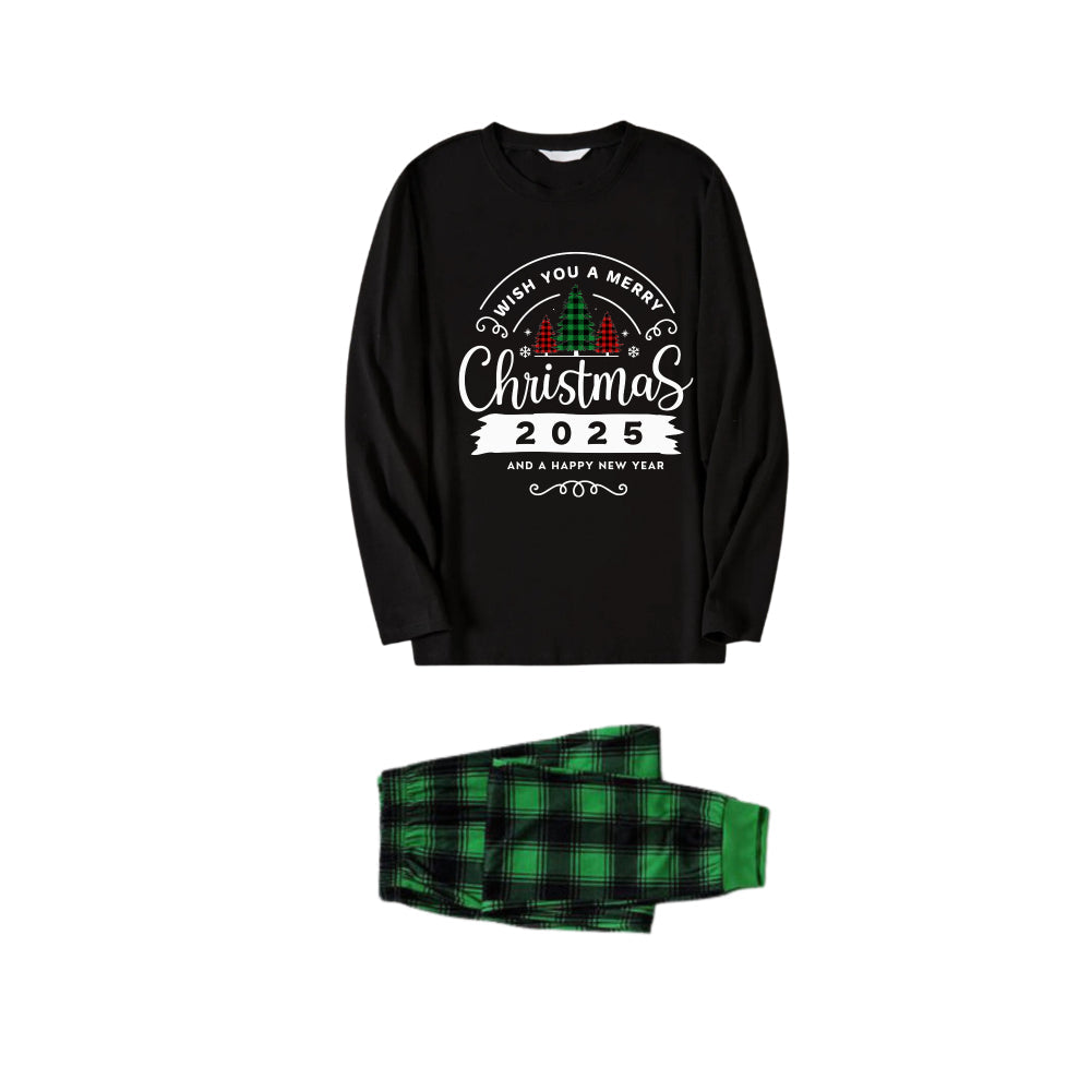 Chic und Stil | Christmas Family Pajamas Matching - Black Top and Green Checkered Pants PJs Set with "Wishing you a Merry Christmas 2025" Print