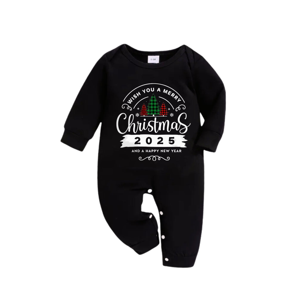 Chic und Stil | Christmas Family Pajamas Matching - Black Top and Green Checkered Pants PJs Set with "Wishing you a Merry Christmas 2025" Print