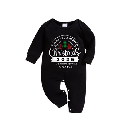 Chic und Stil | Christmas Family Pajamas Matching - Black Top and Green Checkered Pants PJs Set with "Wishing you a Merry Christmas 2025" Print