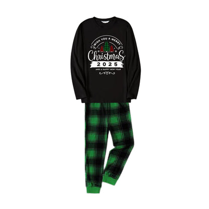 Chic und Stil | Christmas Family Pajamas Matching - Black Top and Green Checkered Pants PJs Set with "Wishing you a Merry Christmas 2025" Print