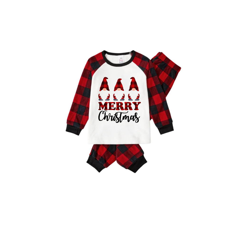 Chic und Stil | HAPPY Christmas letters and Santa hat printed white long sleeve top with red-black checkered pants family pajamas