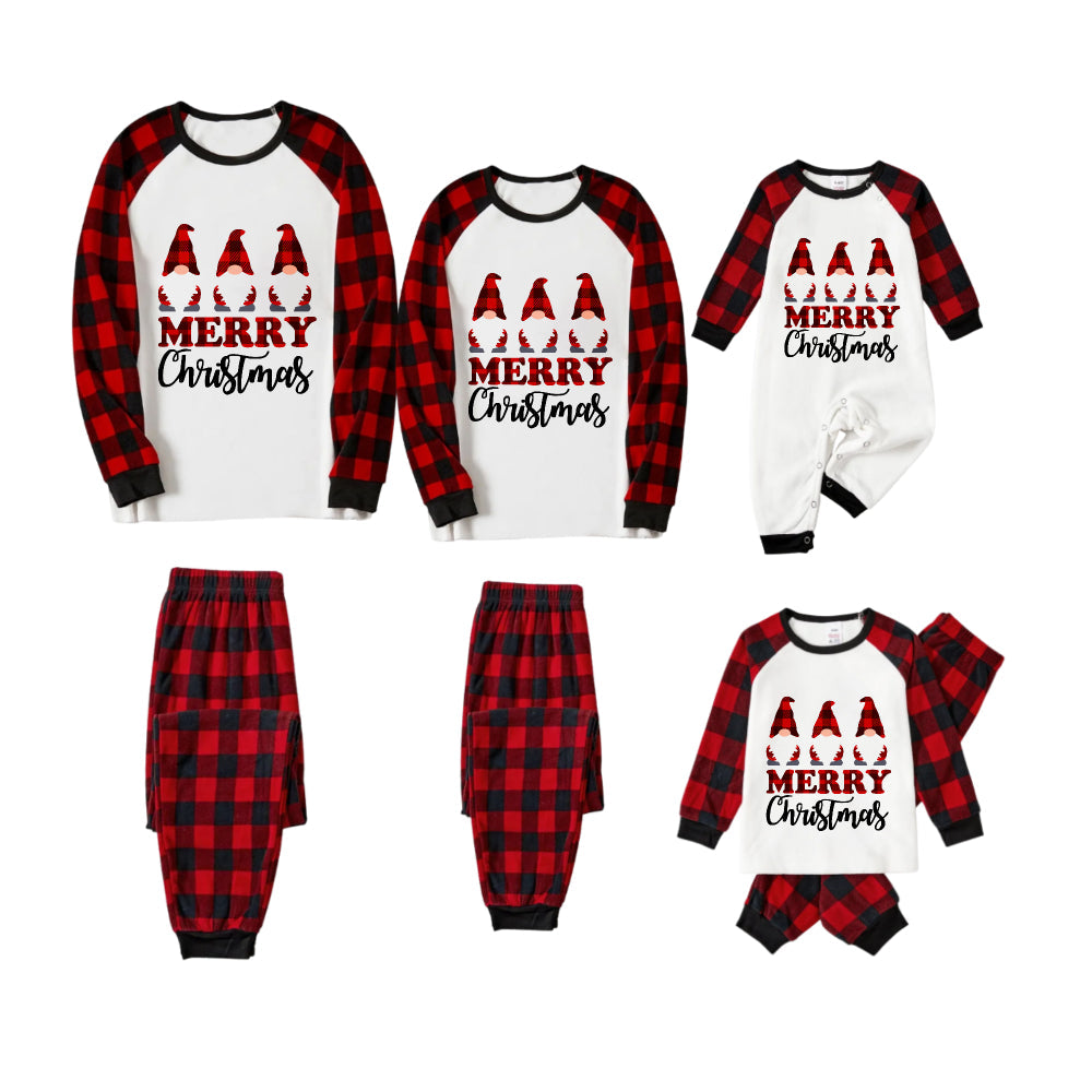 Chic und Stil | HAPPY Christmas letters and Santa hat printed white long sleeve top with red-black checkered pants family pajamas