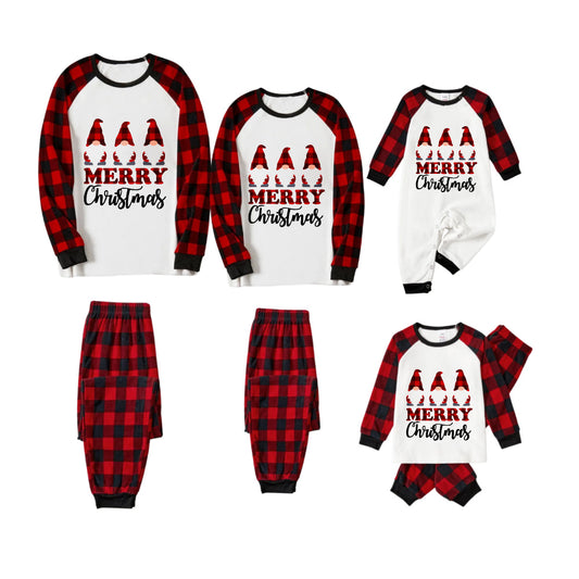 Chic und Stil | HAPPY Christmas letters and Santa hat printed white long sleeve top with red-black checkered pants family pajamas
