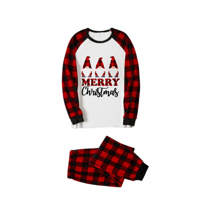 Chic und Stil | HAPPY Christmas letters and Santa hat printed white long sleeve top with red-black checkered pants family pajamas
