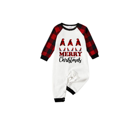 Chic und Stil | HAPPY Christmas letters and Santa hat printed white long sleeve top with red-black checkered pants family pajamas