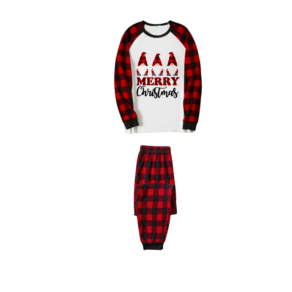 Chic und Stil | HAPPY Christmas letters and Santa hat printed white long sleeve top with red-black checkered pants family pajamas