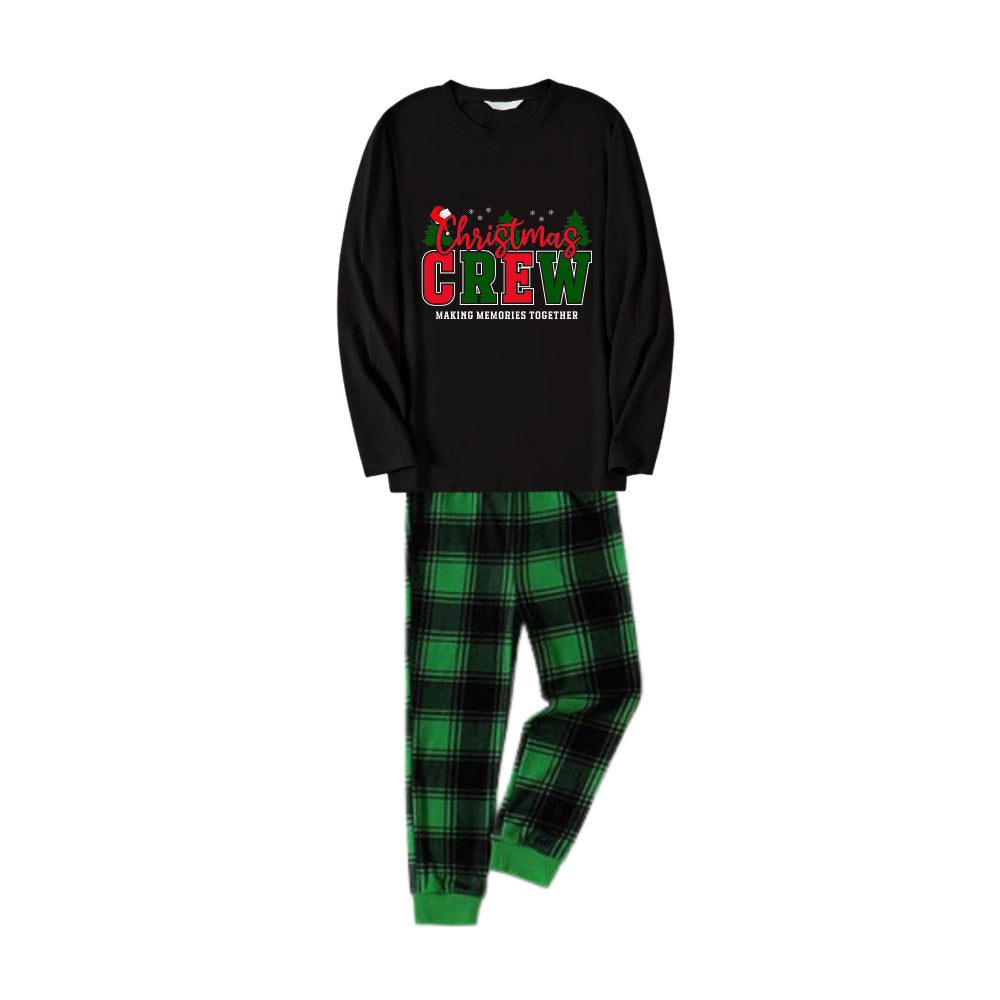Chic und Stil | Christmas family matching pajamas - Black top and green checkered pants Pjs set with "Christmas Crew Making Memories Together" slogan print