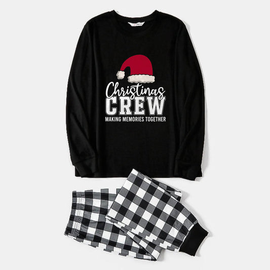 Chic und Stil | Black and white checkered Christmas pajama set with Santa hat and "Christmas Crew Making Memories Together" print
