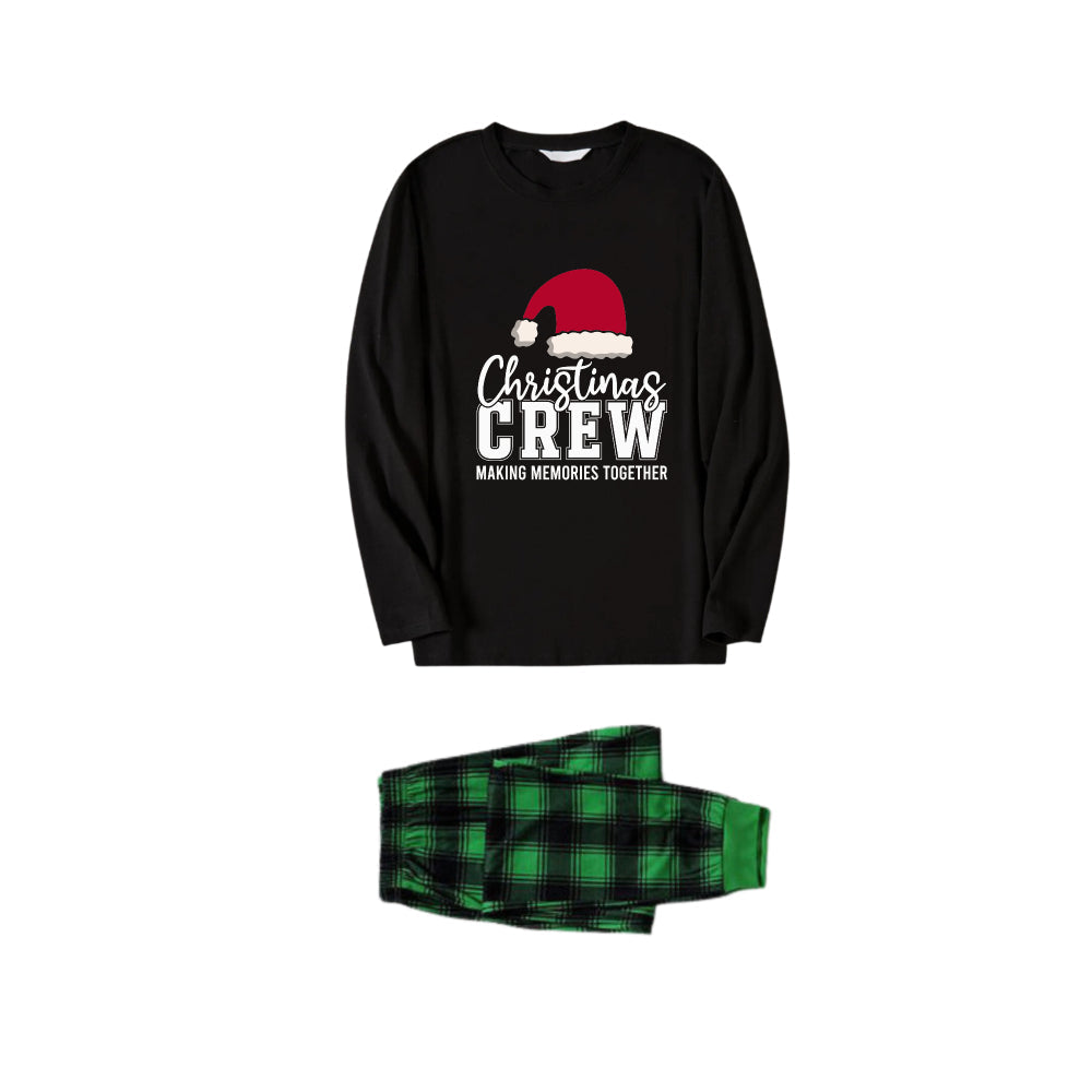 Chic und Stil | Christmas family matching pajamas - Black top and green checkered pants PJs set with "Christmas Crew Making Memories Together" and Santa hat pattern print