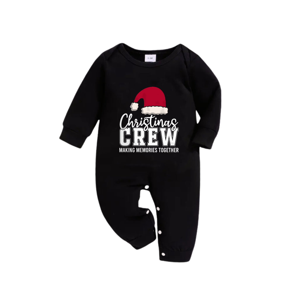 Chic und Stil | Christmas family matching pajamas - Black top and green checkered pants PJs set with "Christmas Crew Making Memories Together" and Santa hat pattern print