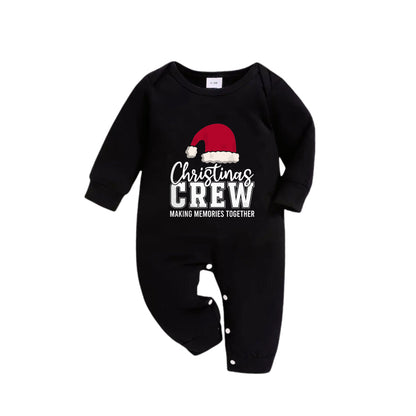 Chic und Stil | Christmas family matching pajamas - Black top and green checkered pants PJs set with "Christmas Crew Making Memories Together" and Santa hat pattern print
