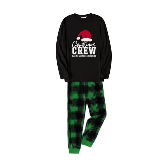 Chic und Stil | Christmas family matching pajamas - Black top and green checkered pants PJs set with "Christmas Crew Making Memories Together" and Santa hat pattern print