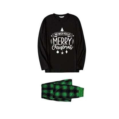 Chic und Stil | Christmas Family Pajamas Matching - Black Top and Green Checkered Pants Pjs Set with "We Wish You A Merry Christmas" Black & White Print