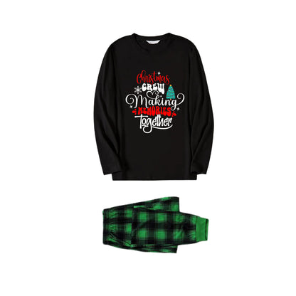 Chic und Stil | Christmas Family Pajamas in Matching Look - Black Top and Green Checked Pants Pjs Set with "Christmas Crew Making Memories Together" artistic lettering