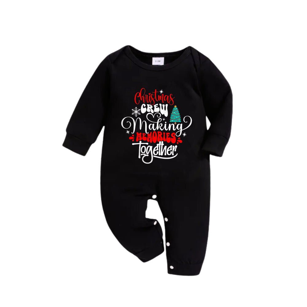 Chic und Stil | Christmas Family Pajamas in Matching Look - Black Top and Green Checked Pants Pjs Set with "Christmas Crew Making Memories Together" artistic lettering