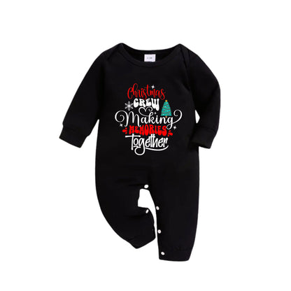 Chic und Stil | Christmas Family Pajamas in Matching Look - Black Top and Green Checked Pants Pjs Set with "Christmas Crew Making Memories Together" artistic lettering