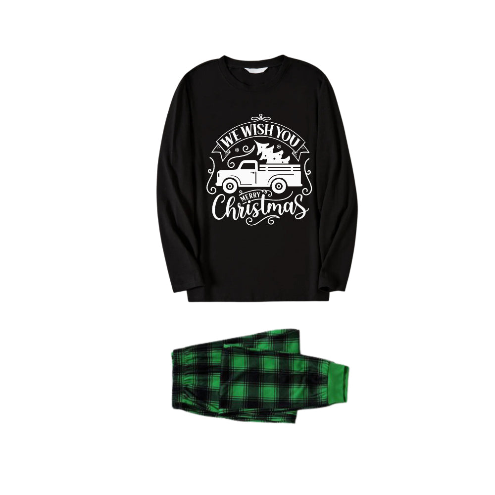 Chic und Stil | Christmas Family Pajama Set - Black Top and Green Checkered Pants with "Merry Christmas" and Christmas Car Pattern Print