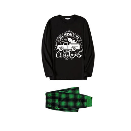 Chic und Stil | Christmas Family Pajama Set - Black Top and Green Checkered Pants with "Merry Christmas" and Christmas Car Pattern Print