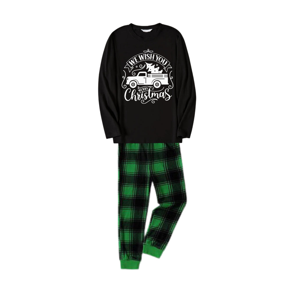 Chic und Stil | Christmas Family Pajama Set - Black Top and Green Checkered Pants with "Merry Christmas" and Christmas Car Pattern Print