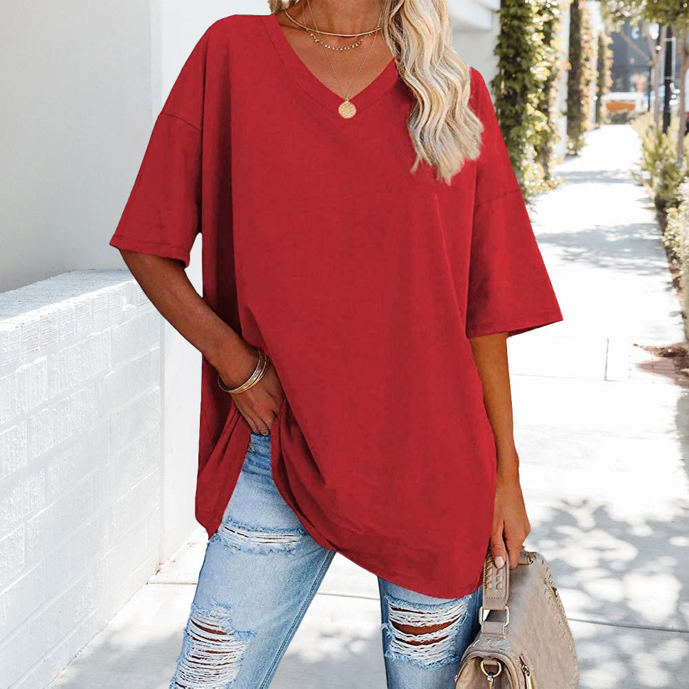 Chic und Stil | Solid New Women's T-Shirt Made of Cotton with V-Neck