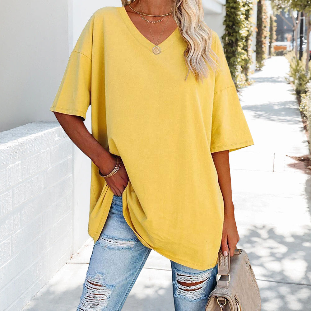 Chic und Stil | Solid New Women's T-Shirt Made of Cotton with V-Neck