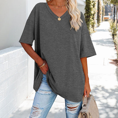 Chic und Stil | Solid New Women's T-Shirt Made of Cotton with V-Neck