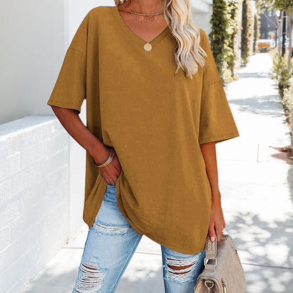 Chic und Stil | Solid New Women's T-Shirt Made of Cotton with V-Neck