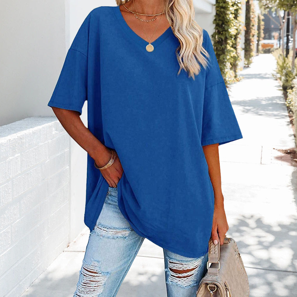 Chic und Stil | Solid New Women's T-Shirt Made of Cotton with V-Neck