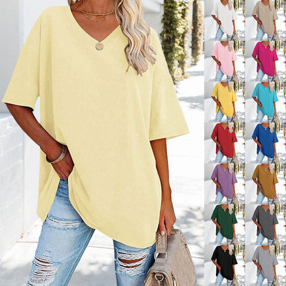 Chic und Stil | Solid New Women's T-Shirt Made of Cotton with V-Neck