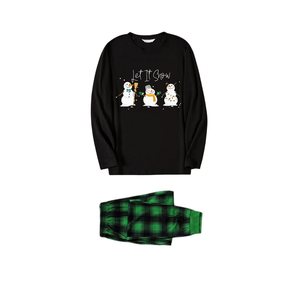 Chic und Stil | Matching Family Christmas Pajamas - Black Top and Green Checkered Pants Set with Snowman and "Let It Snow" Print