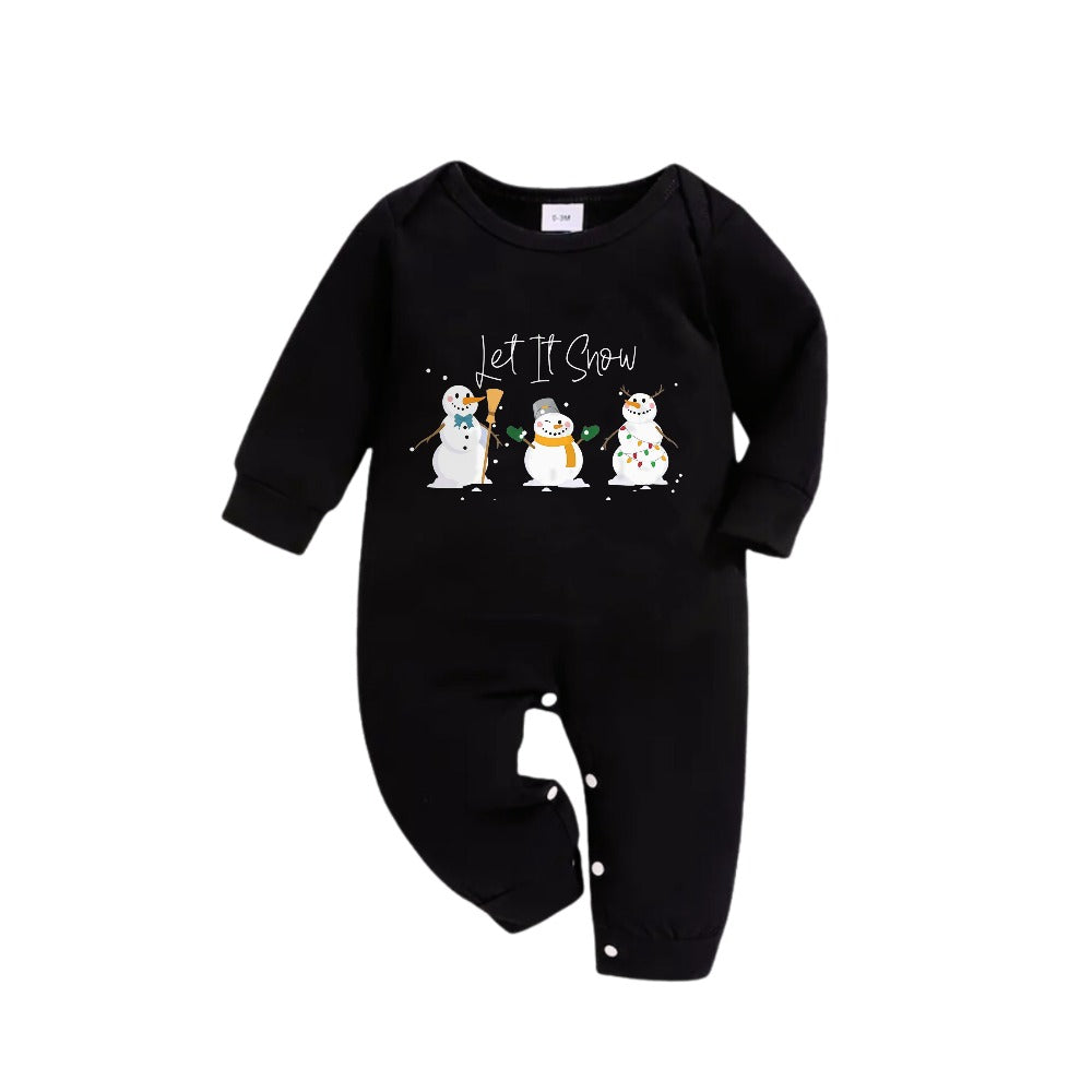Chic und Stil | Matching Family Christmas Pajamas - Black Top and Green Checkered Pants Set with Snowman and "Let It Snow" Print