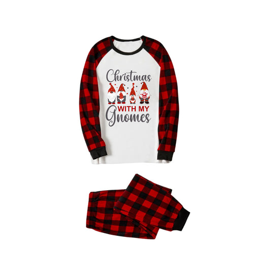 Chic und Stil | Red and black checkered Christmas pajama set with gnome family and "Christmas with my gnome" slogan print
