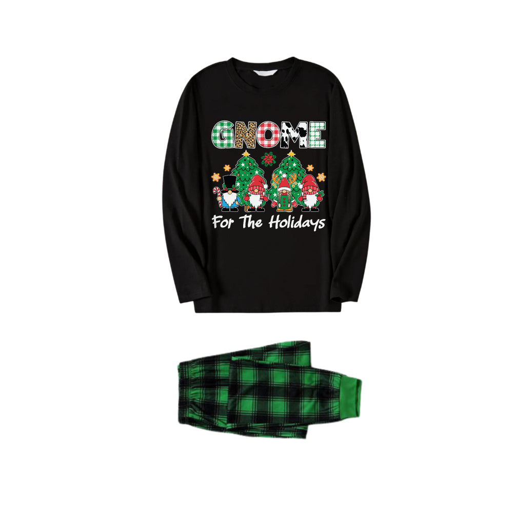 Chic und Stil | Christmas Family Matching Pajamas - Black Top and Green Checkered Pants Pajama Set with "Gnome For The Holidays" Print