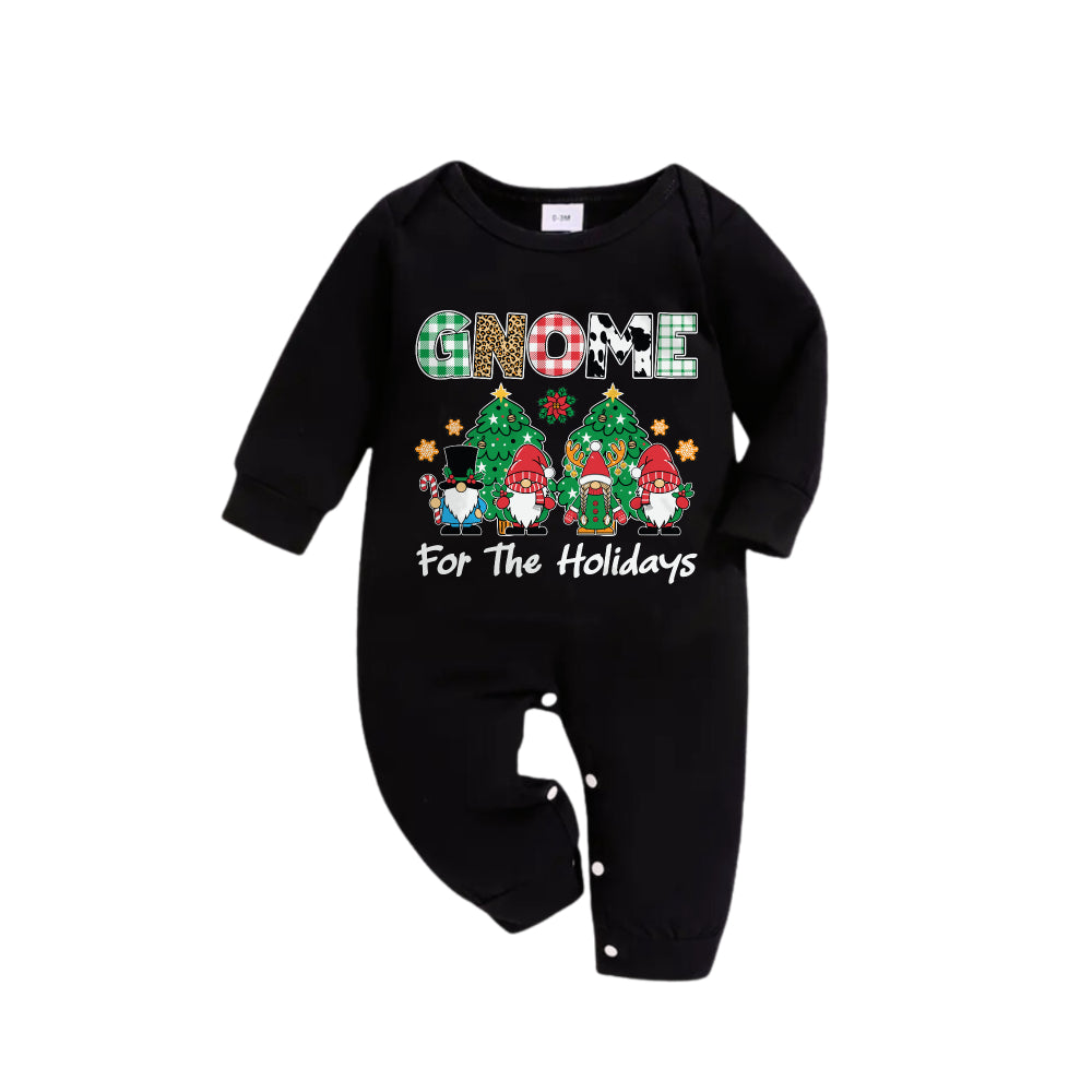 Chic und Stil | Christmas Family Matching Pajamas - Black Top and Green Checkered Pants Pajama Set with "Gnome For The Holidays" Print