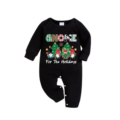 Chic und Stil | Christmas Family Matching Pajamas - Black Top and Green Checkered Pants Pajama Set with "Gnome For The Holidays" Print